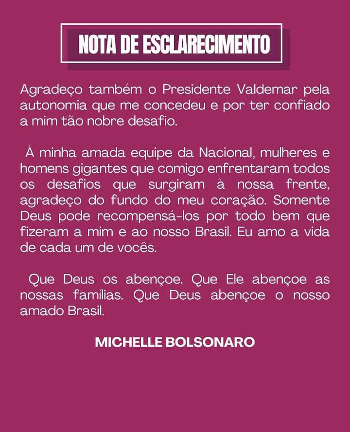 Agradecimento a equipe nacional e assinatura de Michelle Bolsonaro