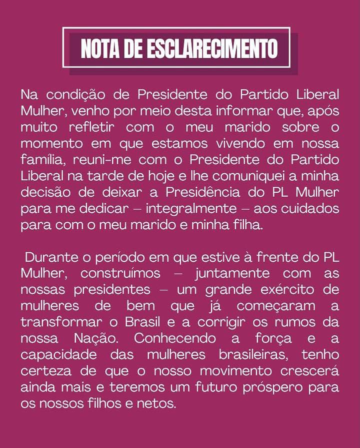 Nota de esclarecimento sobre a saida da presidencia do PL Mulher
